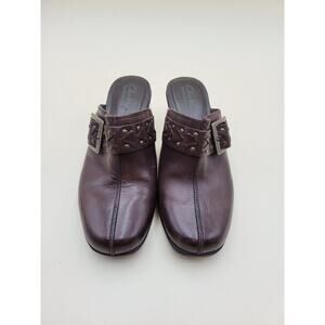 Clarks Bendables Women 6.5 W Dark Brown Leather Mule Clogs Block Heel Comfort